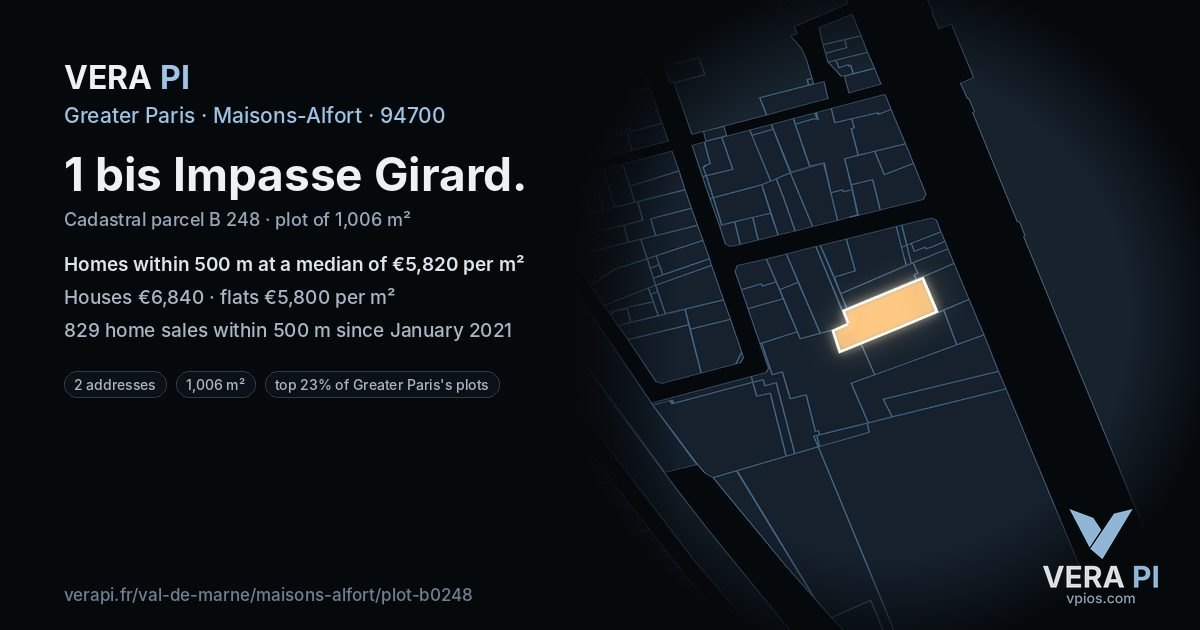 1 bis Impasse Girard, Maisons-Alfort at night – the plot lit, the parcels around coloured by the prices near them