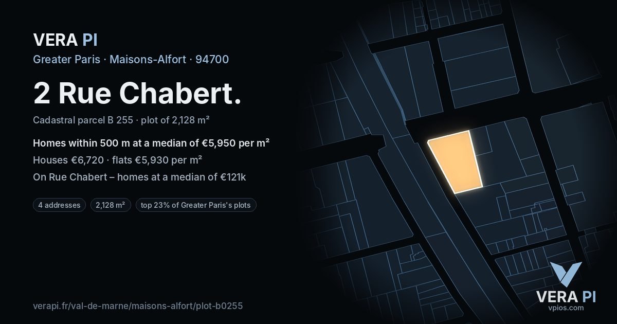 2 Rue Chabert, Maisons-Alfort at night – the plot lit, the parcels around coloured by the prices near them