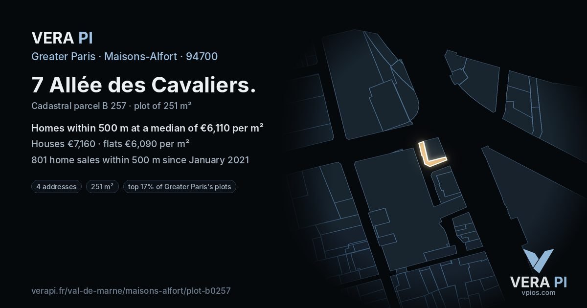 7 Allée des Cavaliers, Maisons-Alfort at night – the plot lit, the parcels around coloured by the prices near them