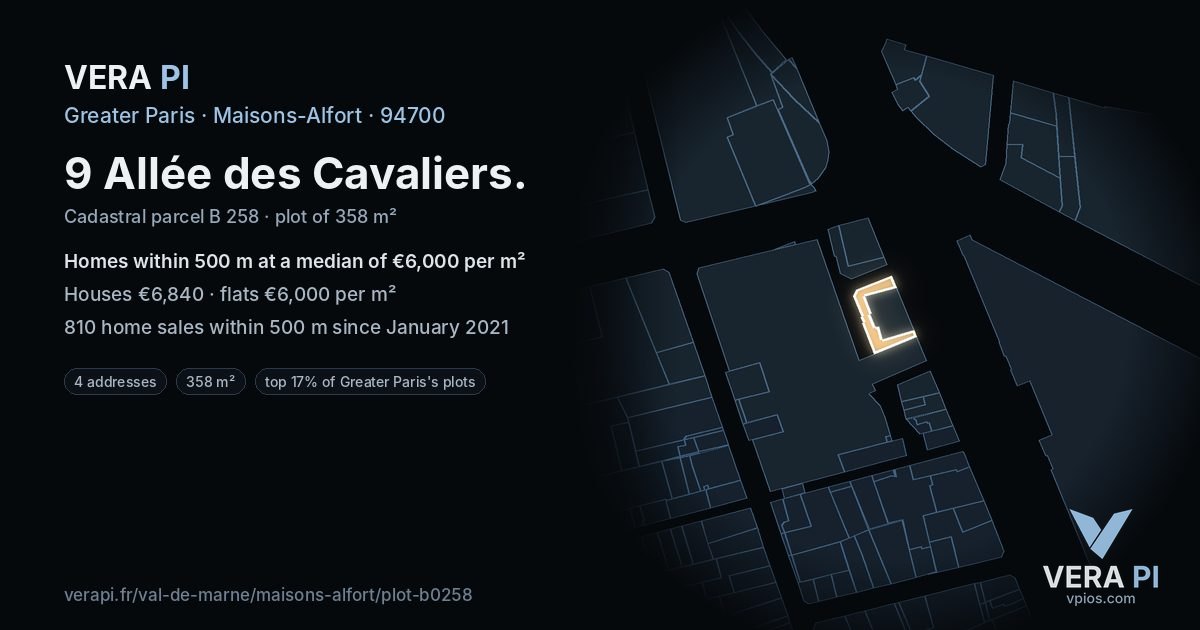 9 Allée des Cavaliers, Maisons-Alfort at night – the plot lit, the parcels around coloured by the prices near them