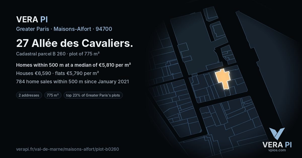 27 Allée des Cavaliers, Maisons-Alfort at night – the plot lit, the parcels around coloured by the prices near them