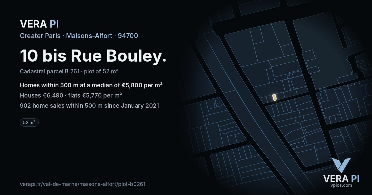 10 bis Rue Bouley, Maisons-Alfort at night – the plot lit, the parcels around coloured by the prices near them