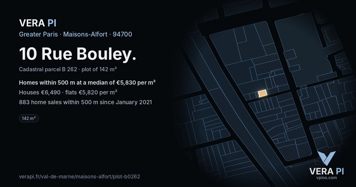 10 Rue Bouley, Maisons-Alfort at night – the plot lit, the parcels around coloured by the prices near them