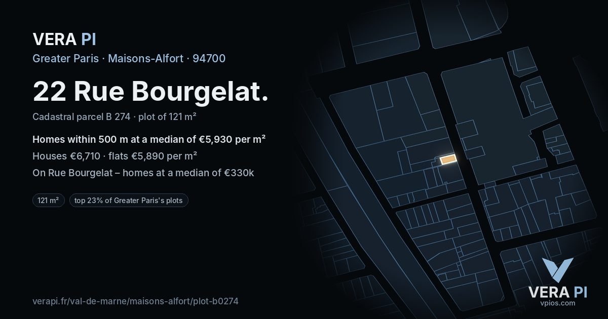 22 Rue Bourgelat, Maisons-Alfort at night – the plot lit, the parcels around coloured by the prices near them