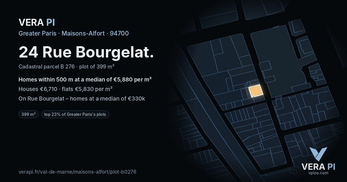 24 Rue Bourgelat, Maisons-Alfort at night – the plot lit, the parcels around coloured by the prices near them