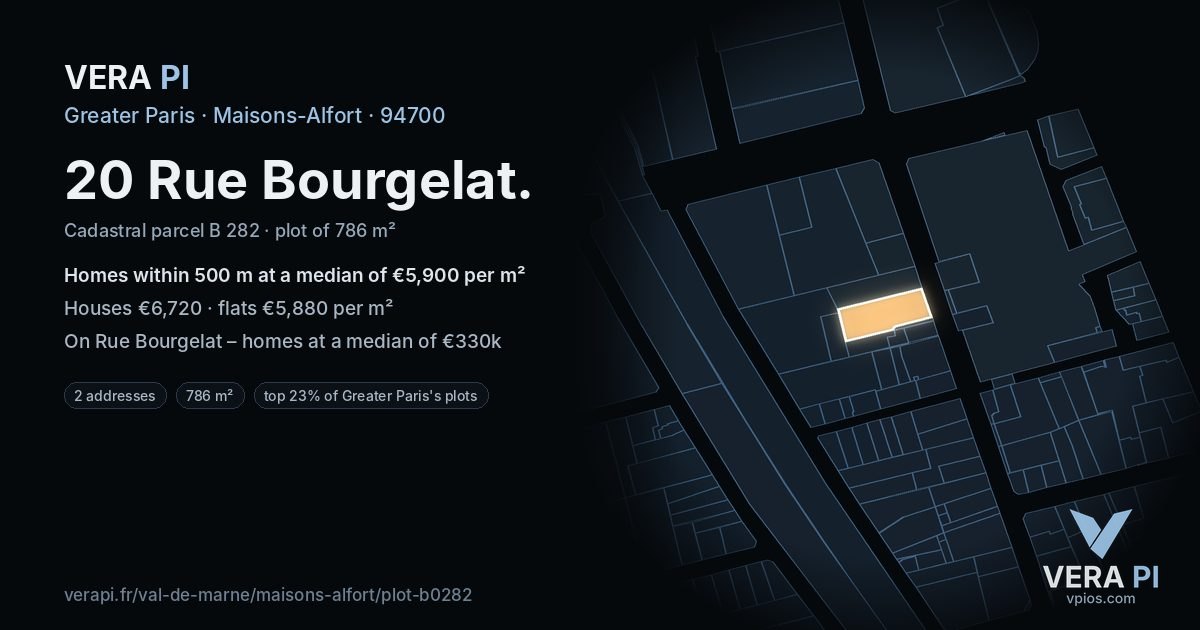 20 Rue Bourgelat, Maisons-Alfort at night – the plot lit, the parcels around coloured by the prices near them