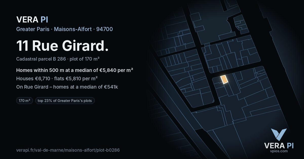 11 Rue Girard, Maisons-Alfort at night – the plot lit, the parcels around coloured by the prices near them