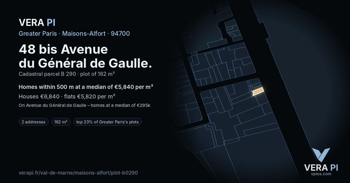 48 bis Avenue du Général de Gaulle, Maisons-Alfort at night – the plot lit, the parcels around coloured by the prices near them