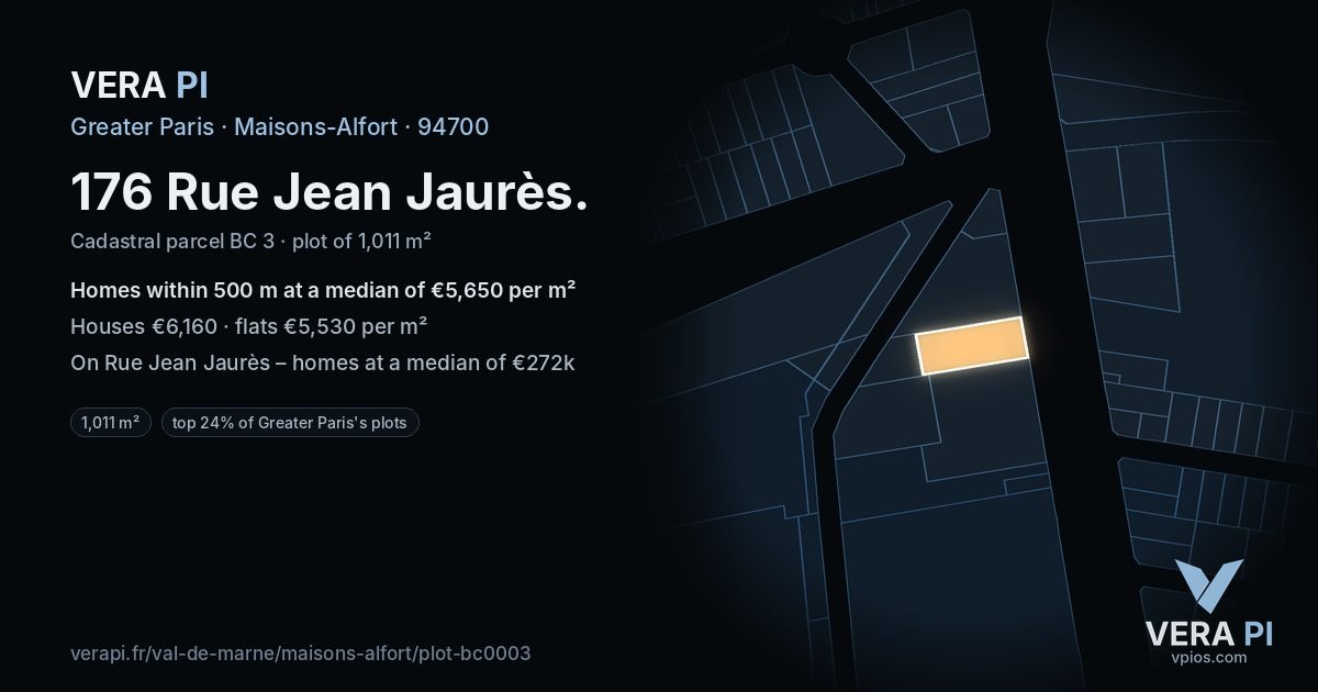 176 Rue Jean Jaurès, Maisons-Alfort at night – the plot lit, the parcels around coloured by the prices near them