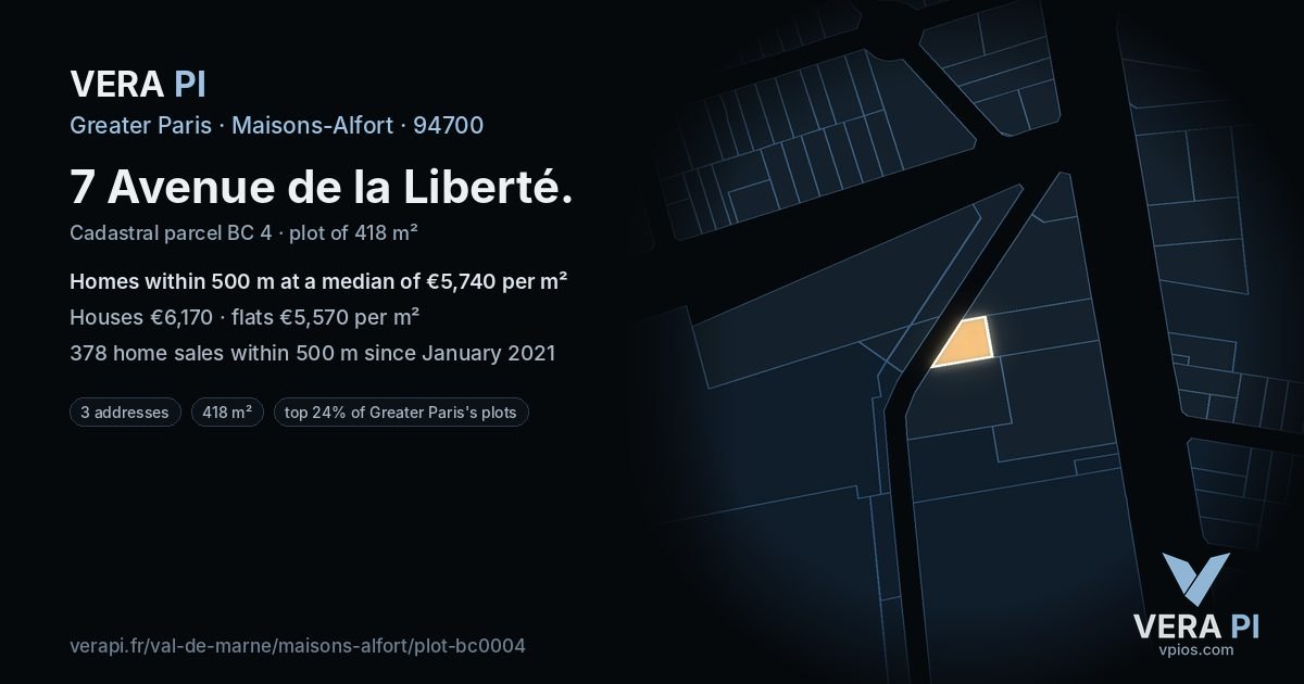 7 Avenue de la Liberté, Maisons-Alfort at night – the plot lit, the parcels around coloured by the prices near them