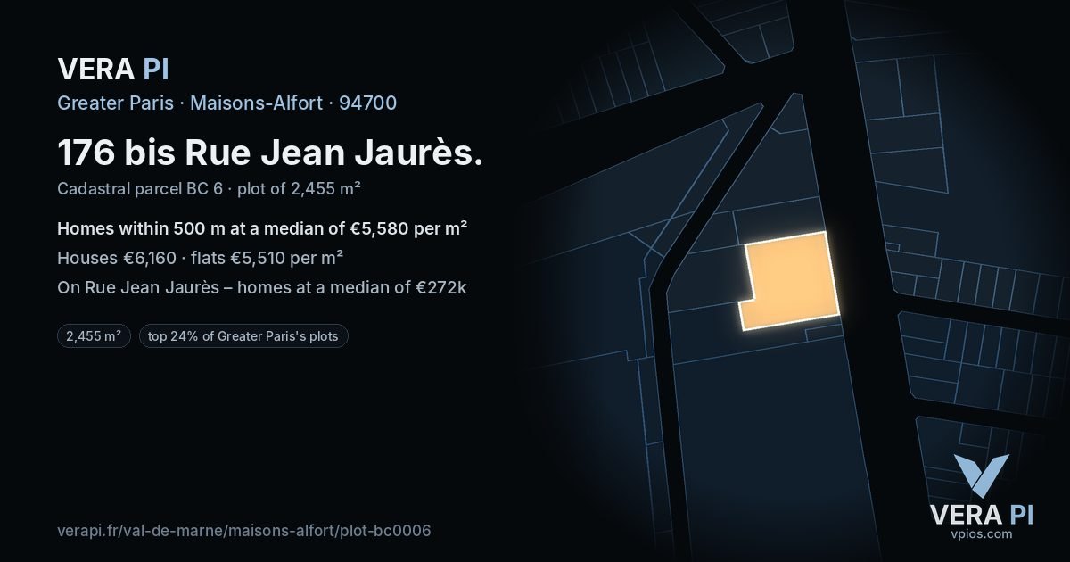 176 bis Rue Jean Jaurès, Maisons-Alfort at night – the plot lit, the parcels around coloured by the prices near them