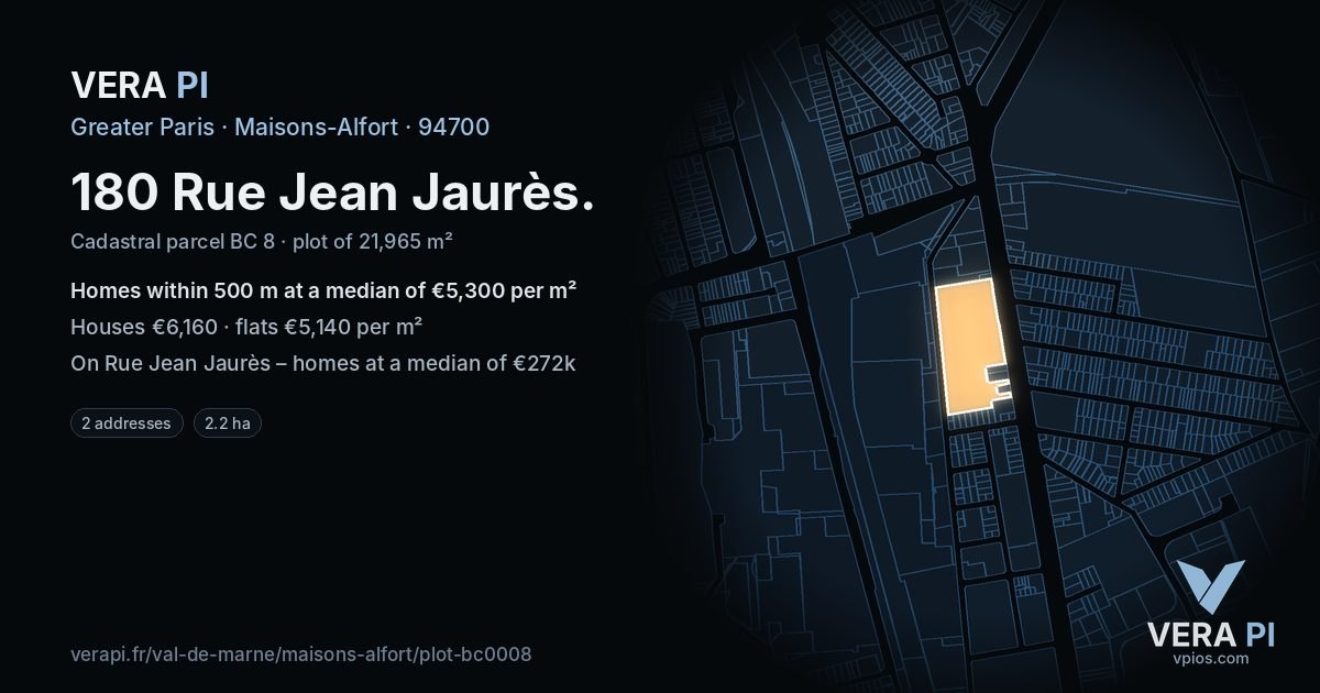 180 Rue Jean Jaurès, Maisons-Alfort at night – the plot lit, the parcels around coloured by the prices near them