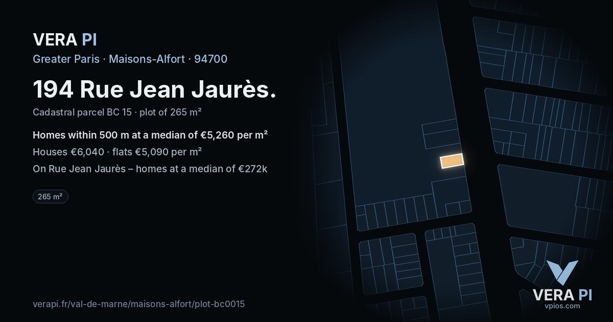 194 Rue Jean Jaurès, Maisons-Alfort at night – the plot lit, the parcels around coloured by the prices near them