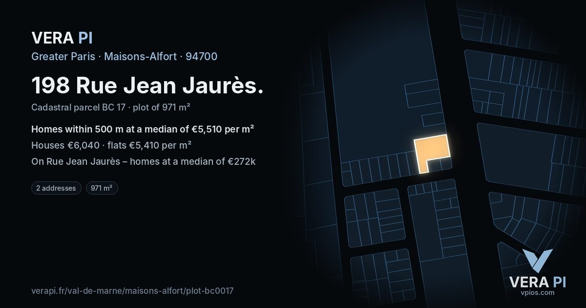 198 Rue Jean Jaurès, Maisons-Alfort at night – the plot lit, the parcels around coloured by the prices near them