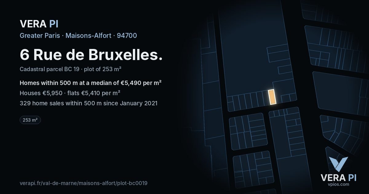 6 Rue de Bruxelles, Maisons-Alfort at night – the plot lit, the parcels around coloured by the prices near them