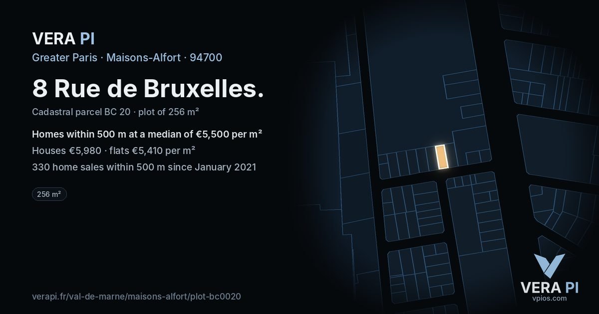 8 Rue de Bruxelles, Maisons-Alfort at night – the plot lit, the parcels around coloured by the prices near them