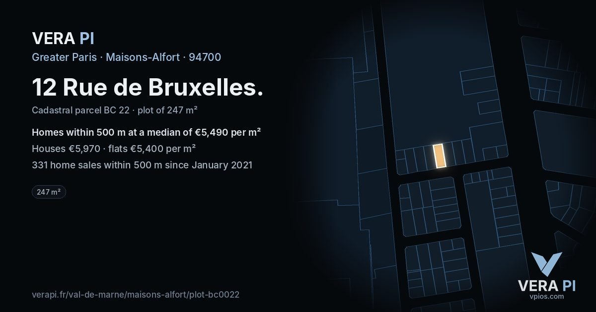 12 Rue de Bruxelles, Maisons-Alfort at night – the plot lit, the parcels around coloured by the prices near them