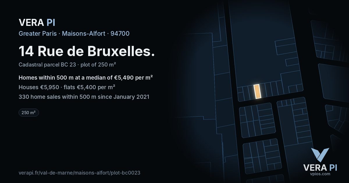 14 Rue de Bruxelles, Maisons-Alfort at night – the plot lit, the parcels around coloured by the prices near them