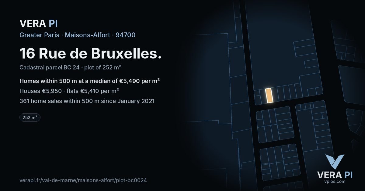16 Rue de Bruxelles, Maisons-Alfort at night – the plot lit, the parcels around coloured by the prices near them