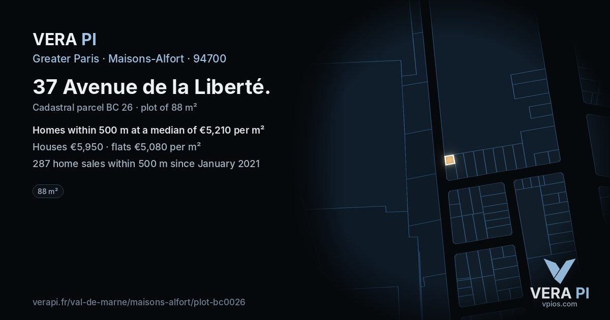 37 Avenue de la Liberté, Maisons-Alfort at night – the plot lit, the parcels around coloured by the prices near them