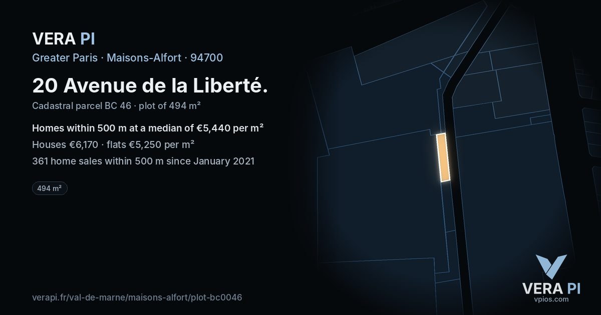 20 Avenue de la Liberté, Maisons-Alfort at night – the plot lit, the parcels around coloured by the prices near them