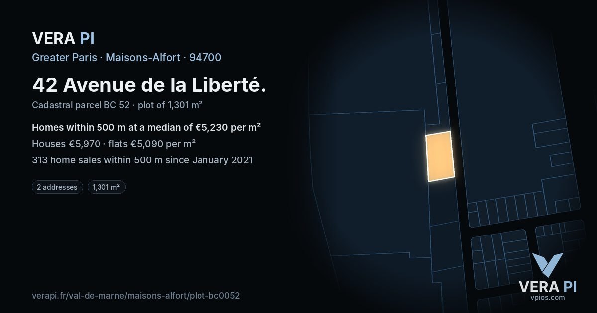 42 Avenue de la Liberté, Maisons-Alfort at night – the plot lit, the parcels around coloured by the prices near them