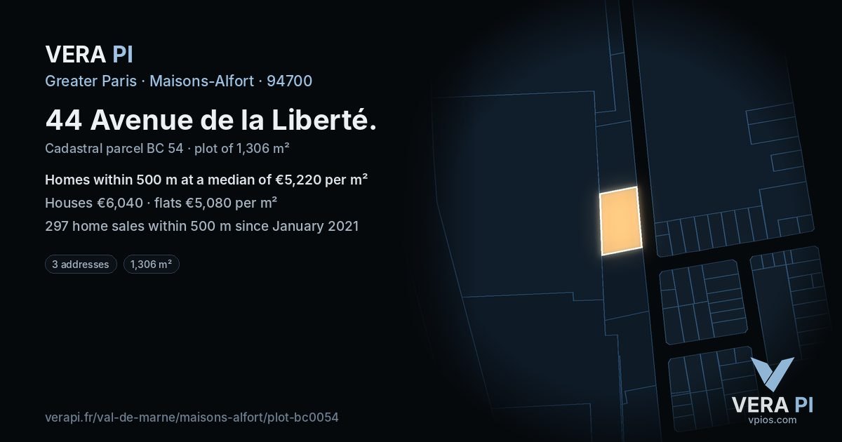 44 Avenue de la Liberté, Maisons-Alfort at night – the plot lit, the parcels around coloured by the prices near them