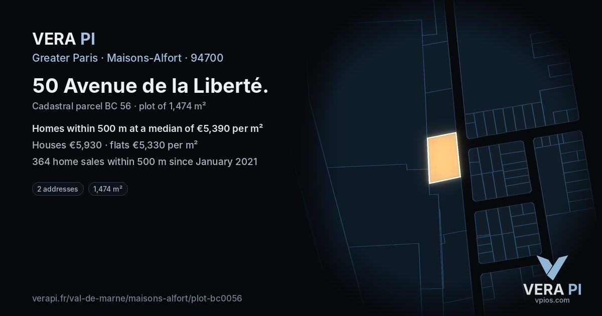 50 Avenue de la Liberté, Maisons-Alfort at night – the plot lit, the parcels around coloured by the prices near them