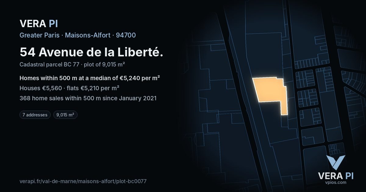 54 Avenue de la Liberté, Maisons-Alfort at night – the plot lit, the parcels around coloured by the prices near them