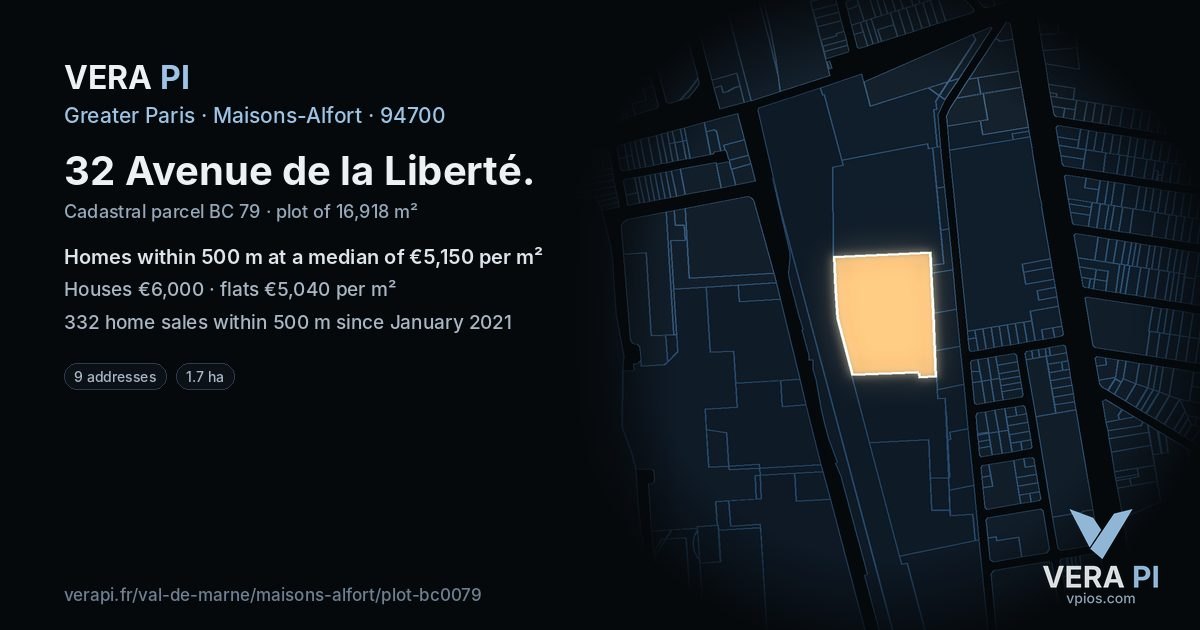 32 Avenue de la Liberté, Maisons-Alfort at night – the plot lit, the parcels around coloured by the prices near them