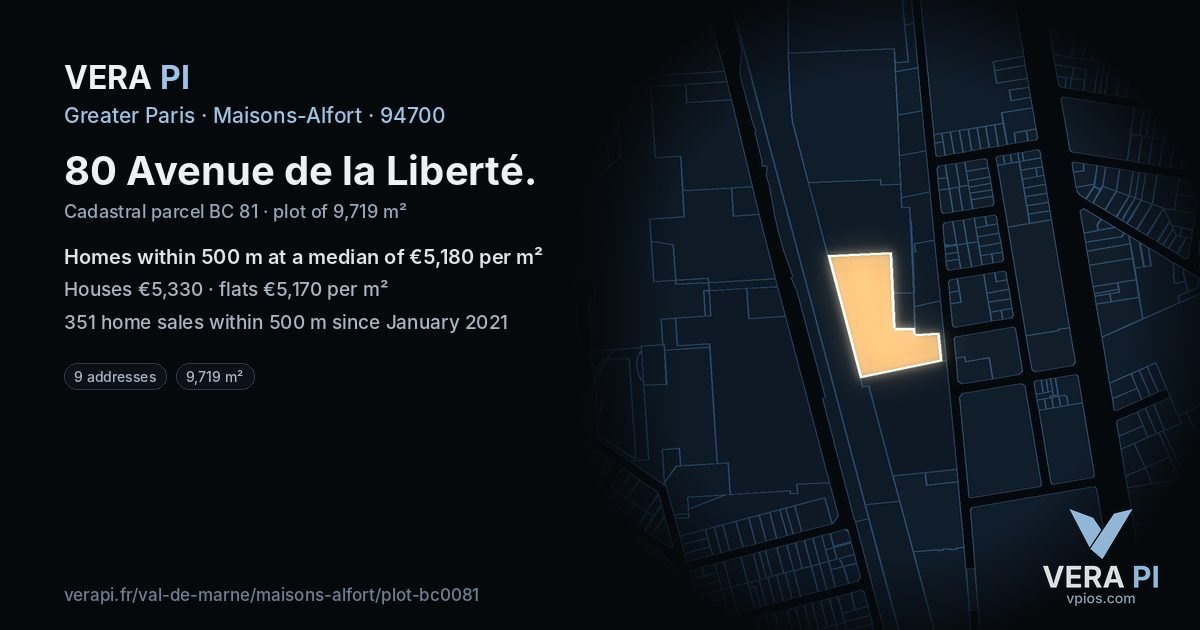 80 Avenue de la Liberté, Maisons-Alfort at night – the plot lit, the parcels around coloured by the prices near them
