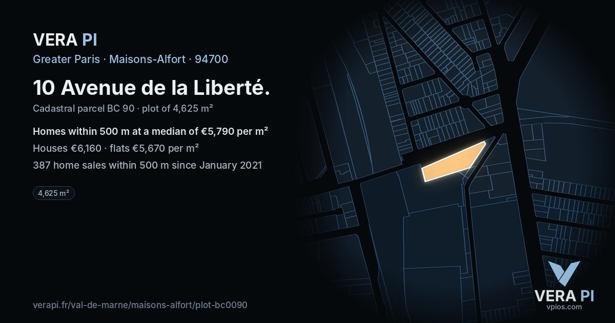 10 Avenue de la Liberté, Maisons-Alfort at night – the plot lit, the parcels around coloured by the prices near them