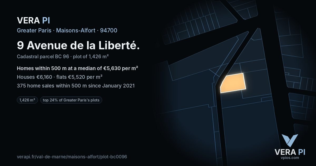 9 Avenue de la Liberté, Maisons-Alfort at night – the plot lit, the parcels around coloured by the prices near them