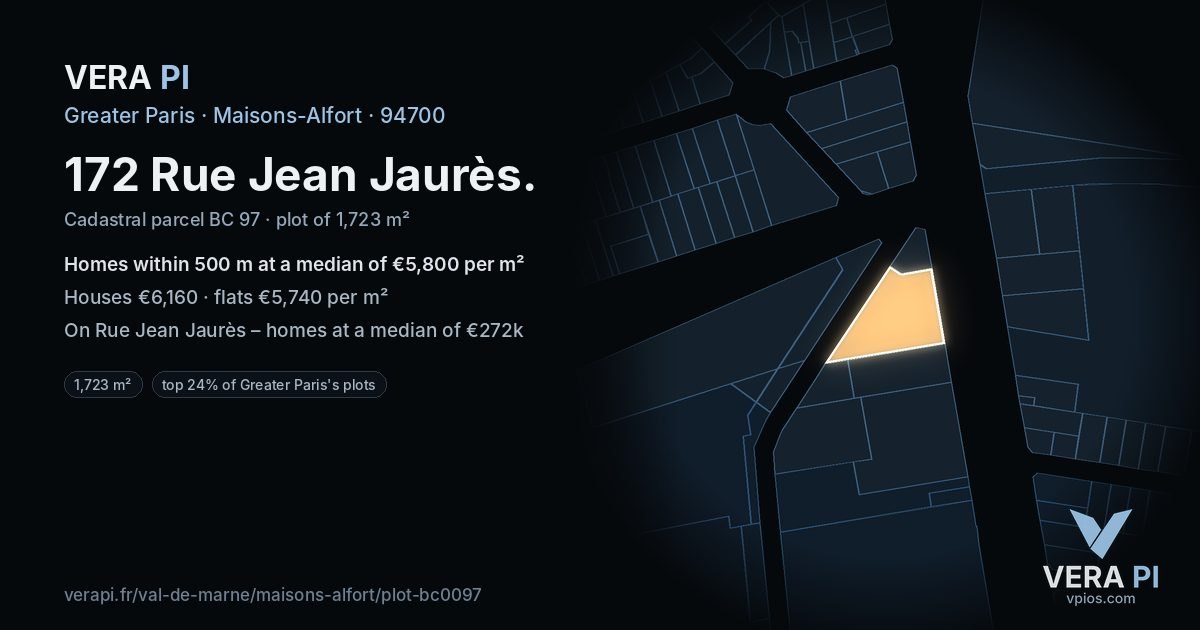172 Rue Jean Jaurès, Maisons-Alfort at night – the plot lit, the parcels around coloured by the prices near them