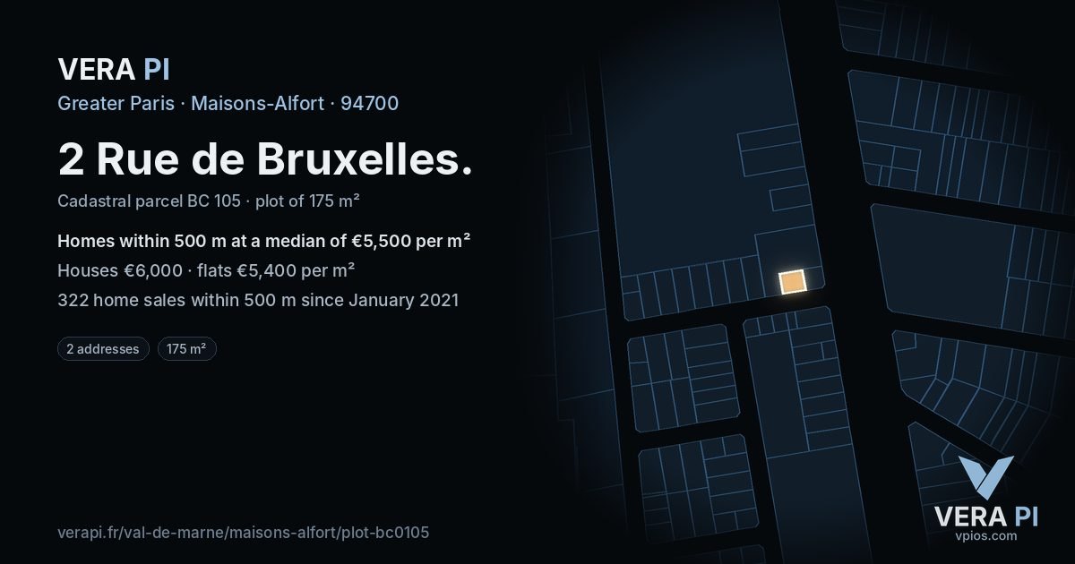 2 Rue de Bruxelles, Maisons-Alfort at night – the plot lit, the parcels around coloured by the prices near them