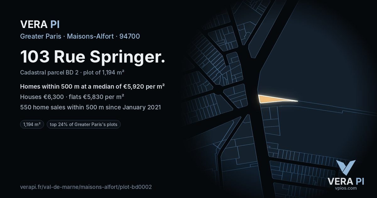 103 Rue Springer, Maisons-Alfort at night – the plot lit, the parcels around coloured by the prices near them