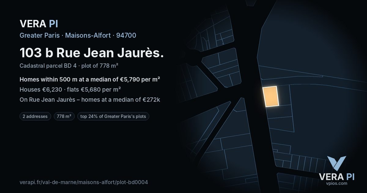 103 b Rue Jean Jaurès, Maisons-Alfort at night – the plot lit, the parcels around coloured by the prices near them