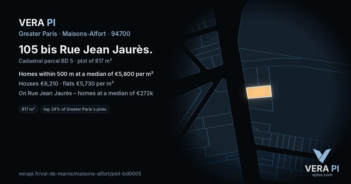 105 bis Rue Jean Jaurès, Maisons-Alfort at night – the plot lit, the parcels around coloured by the prices near them