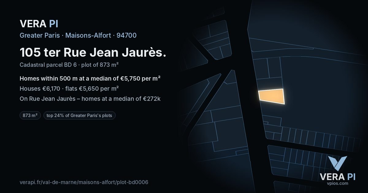 105 ter Rue Jean Jaurès, Maisons-Alfort at night – the plot lit, the parcels around coloured by the prices near them
