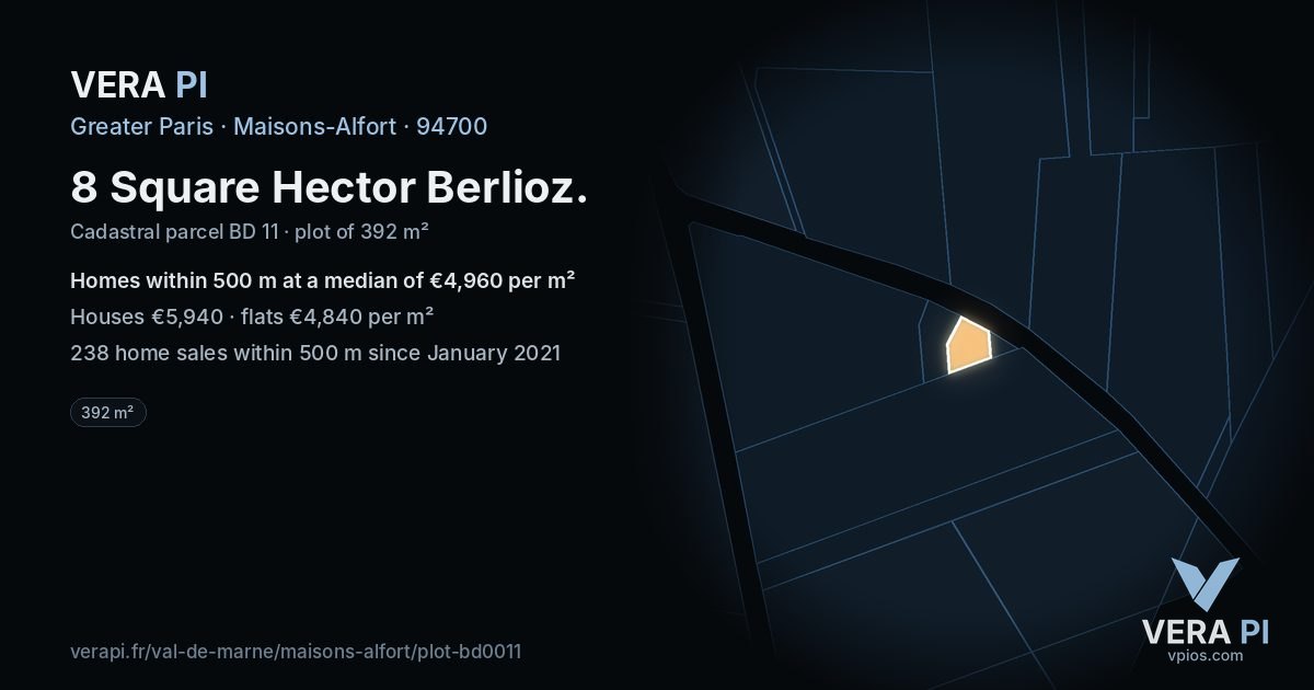 8 Square Hector Berlioz, Maisons-Alfort at night – the plot lit, the parcels around coloured by the prices near them