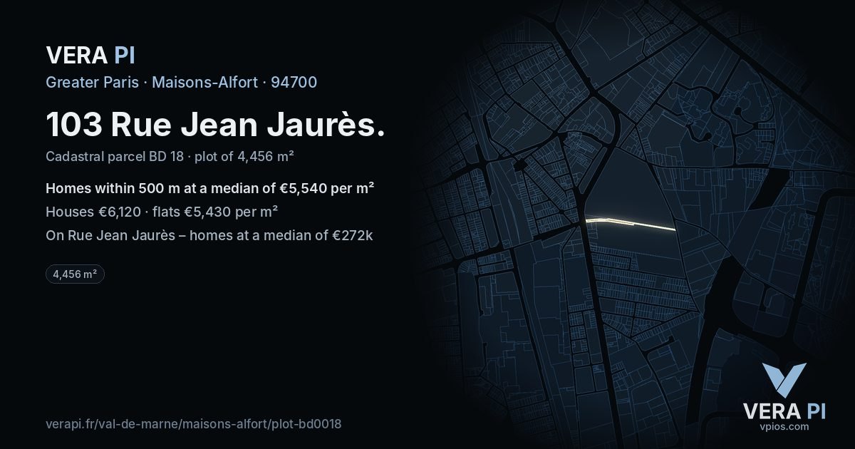 103 Rue Jean Jaurès, Maisons-Alfort at night – the plot lit, the parcels around coloured by the prices near them