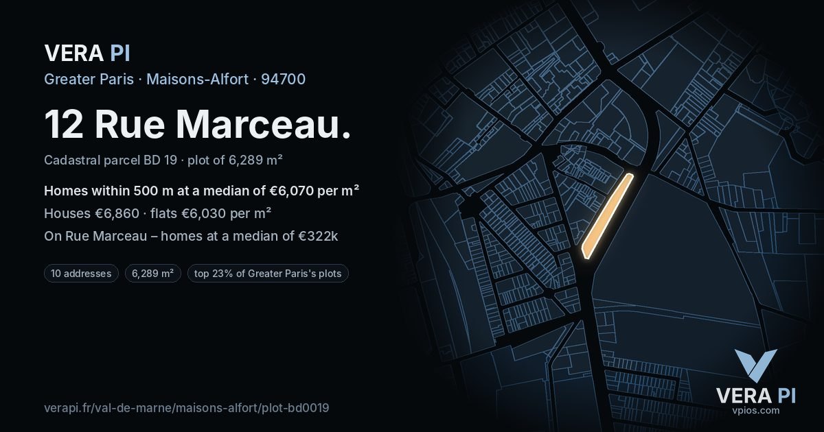 12 Rue Marceau, Maisons-Alfort at night – the plot lit, the parcels around coloured by the prices near them