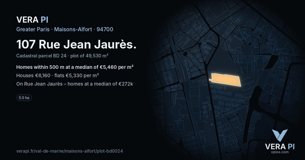 107 Rue Jean Jaurès, Maisons-Alfort at night – the plot lit, the parcels around coloured by the prices near them