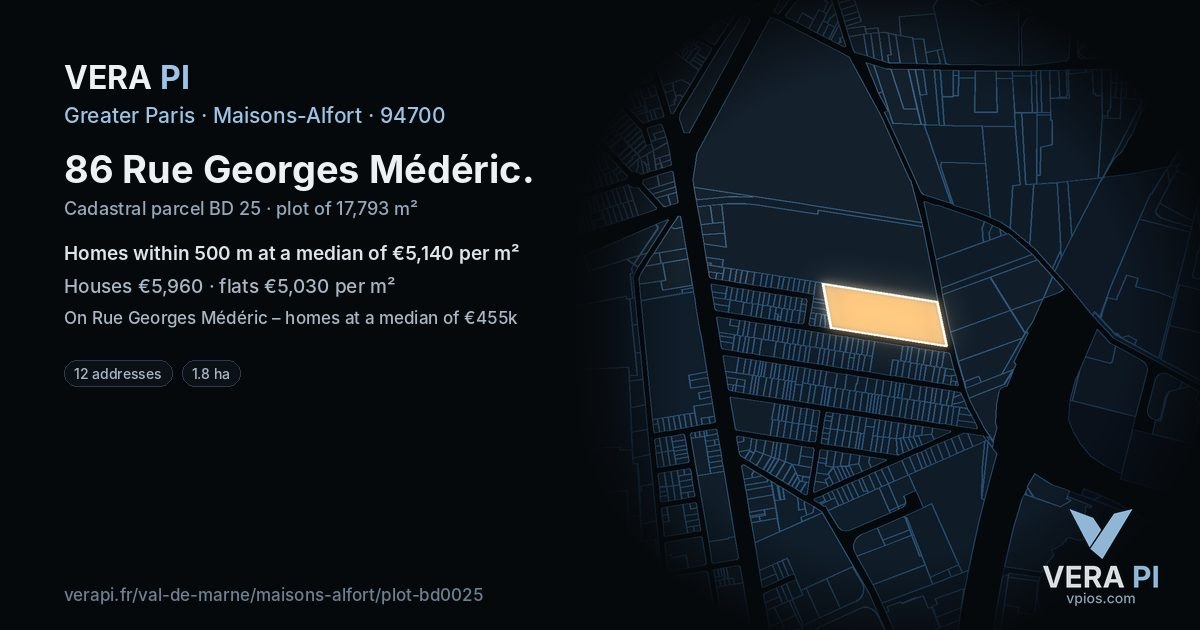86 Rue Georges Médéric, Maisons-Alfort at night – the plot lit, the parcels around coloured by the prices near them