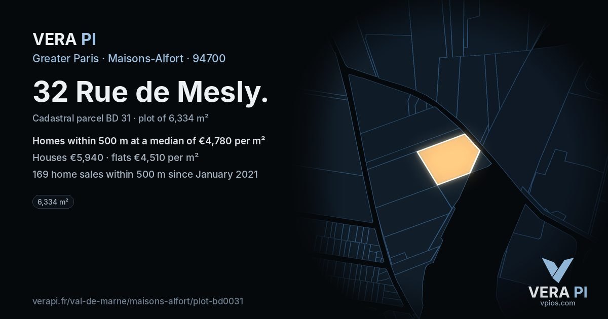32 Rue de Mesly, Maisons-Alfort at night – the plot lit, the parcels around coloured by the prices near them