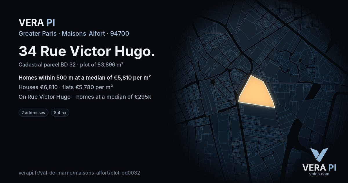 34 Rue Victor Hugo, Maisons-Alfort at night – the plot lit, the parcels around coloured by the prices near them