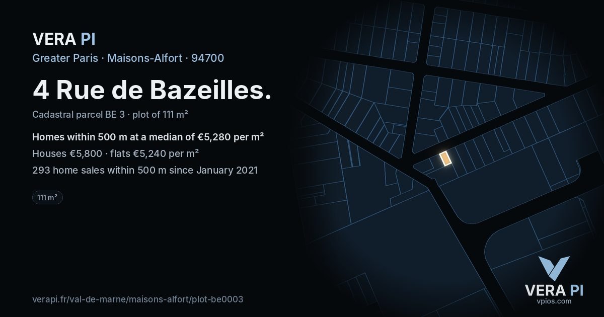 4 Rue de Bazeilles, Maisons-Alfort at night – the plot lit, the parcels around coloured by the prices near them