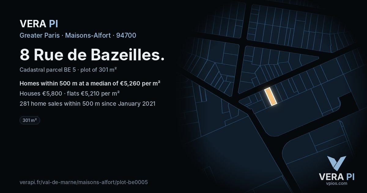 8 Rue de Bazeilles, Maisons-Alfort at night – the plot lit, the parcels around coloured by the prices near them
