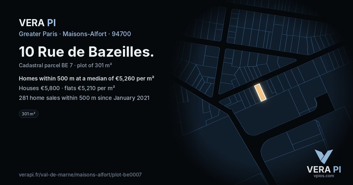 10 Rue de Bazeilles, Maisons-Alfort at night – the plot lit, the parcels around coloured by the prices near them