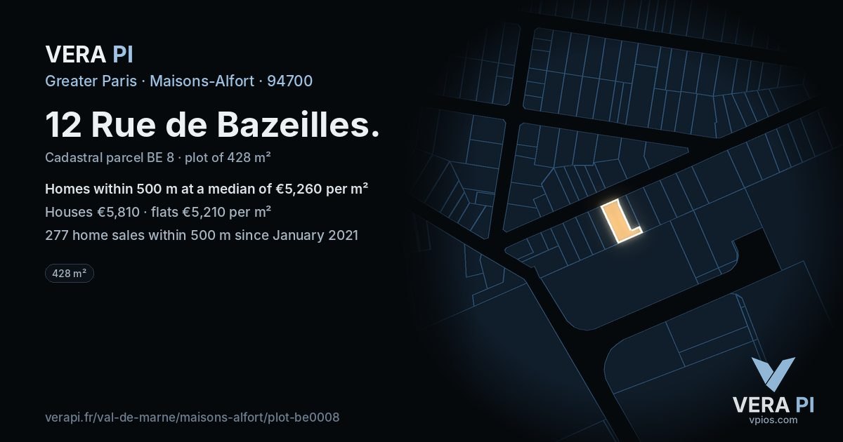 12 Rue de Bazeilles, Maisons-Alfort at night – the plot lit, the parcels around coloured by the prices near them